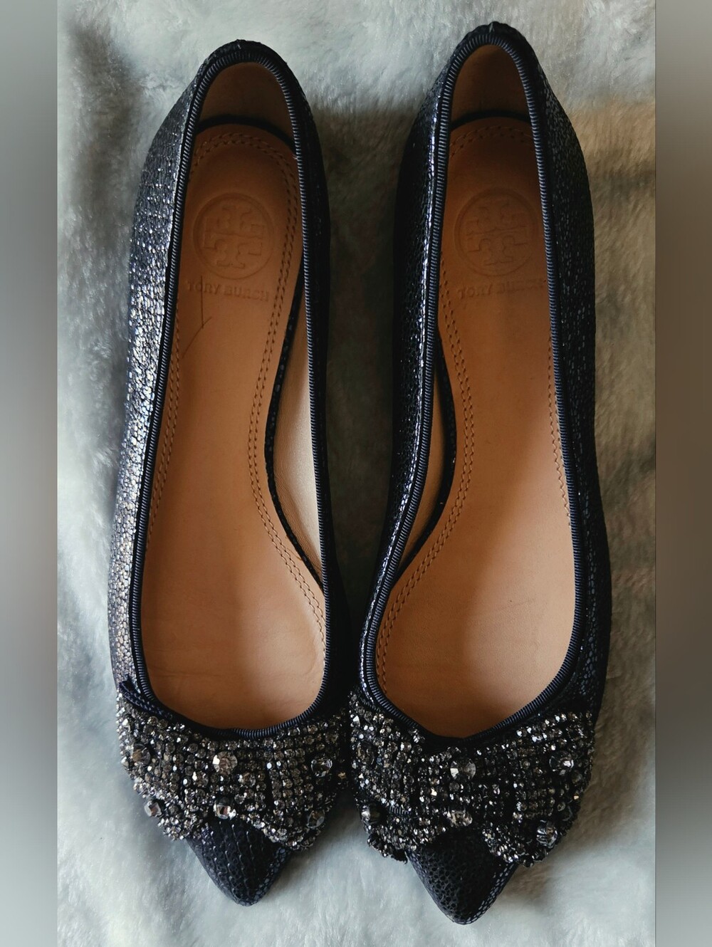 Tory Burch Navy Pointed Toe Crystal-Embellished Flats